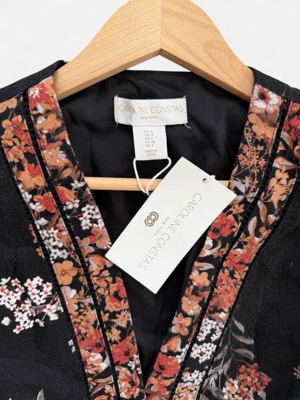 NWT CAROLINE CONSTAS Black Floral Linen Blend Belted Romper - Picture 3 of 7